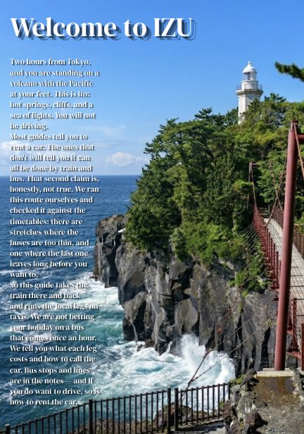 Sample page: Welcome to Izu, over a photo of the Jogasaki lighthouse